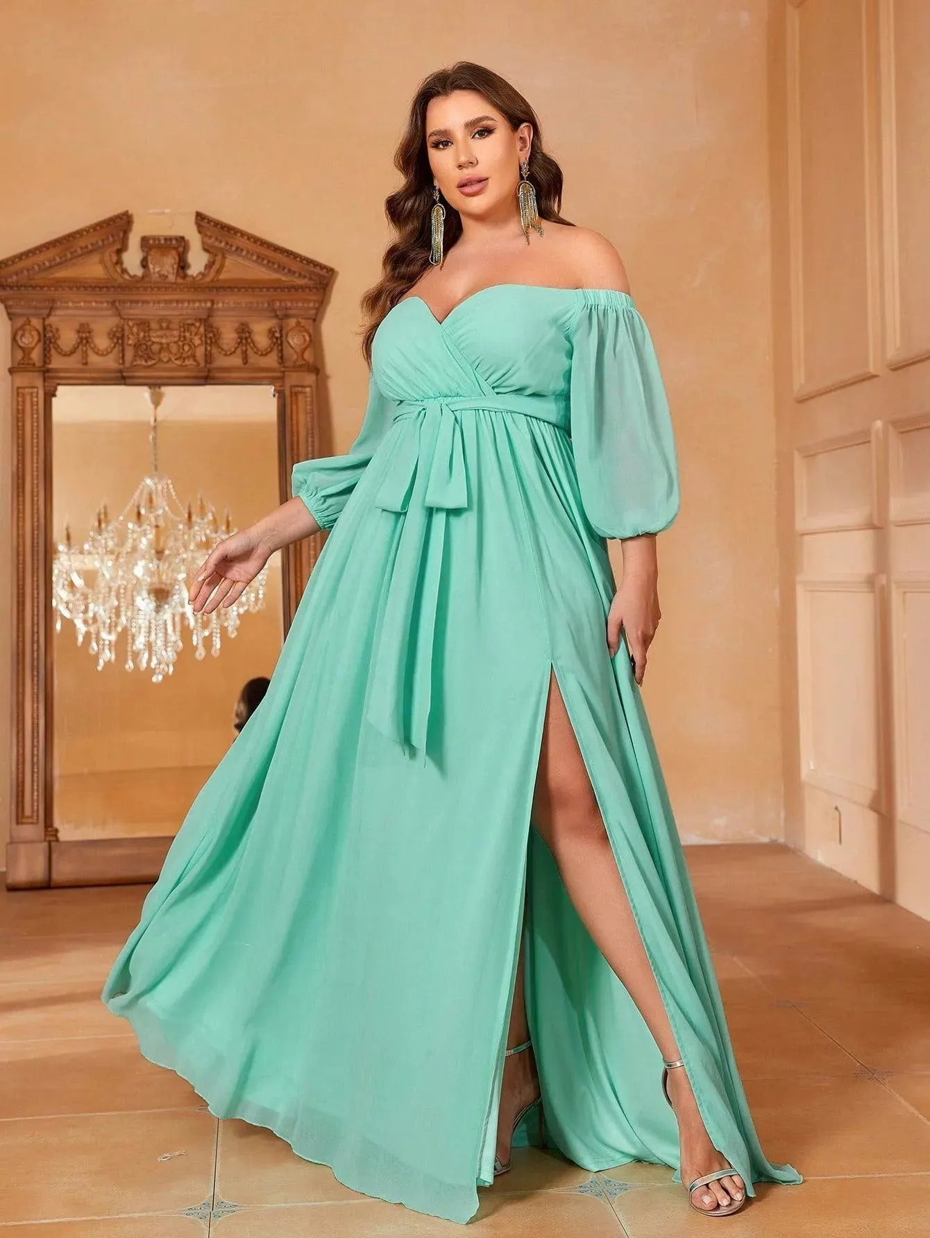 Plus Off Shoulder Split Thigh Belted Chiffon A Line Dress