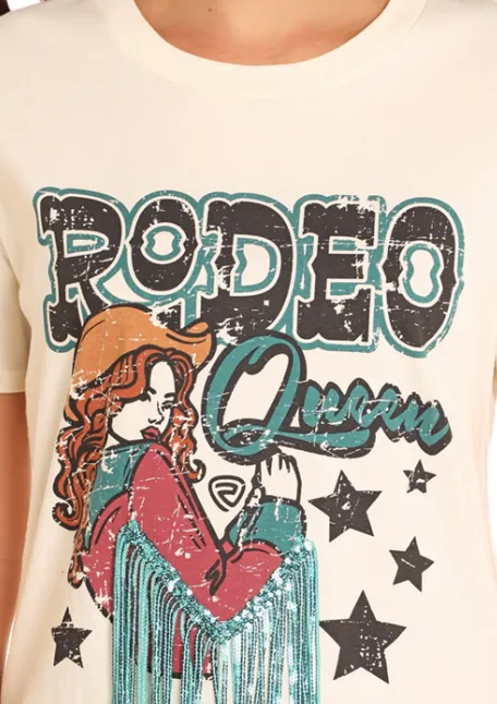 Rock & Roll Cowgirl Women's White Rodeo Queen Sequin Fringe Tee BW21T04527