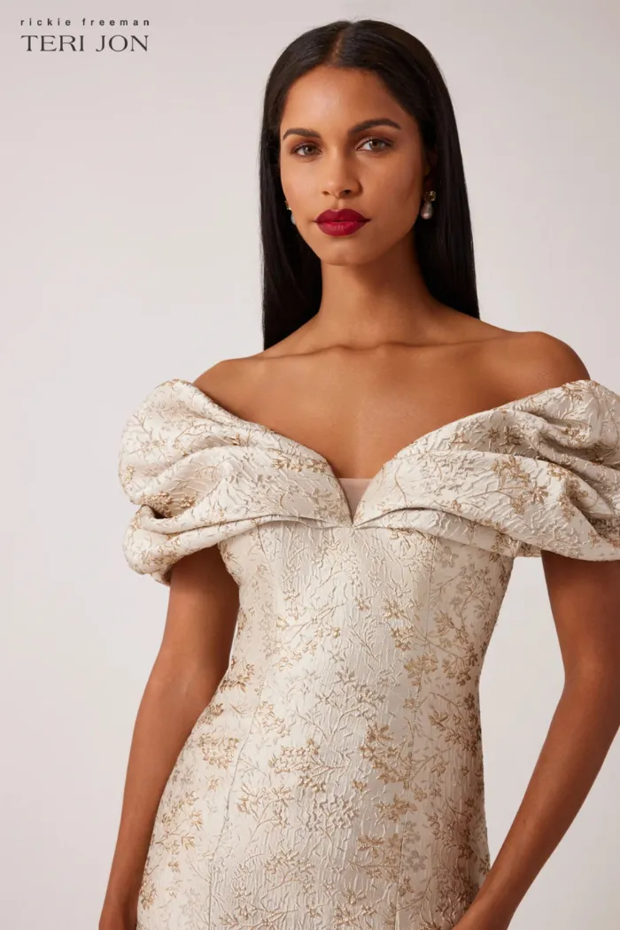 Scrunch Off The Shoulder Jacquard Evening Gown