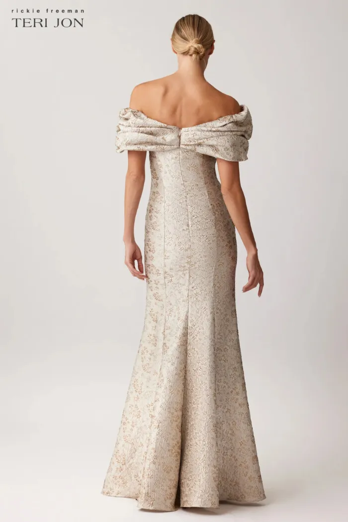 Scrunch Off The Shoulder Jacquard Evening Gown