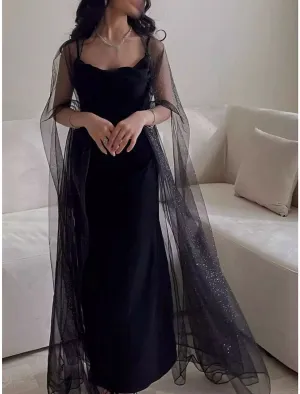 Sheath / Column Evening Gown Elegant Dress Black Dress Formal Ankle Length Sleeveless Spaghetti Strap Stretch Chiffon with Sequin