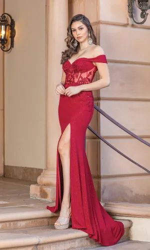 Sheer-Corset Bodice Off-the-Shoulder Prom Dress