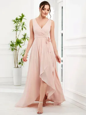Sleeveless V-Neck Chiffon A-Line Layered Front Slit Evening Dress(Final Sale)