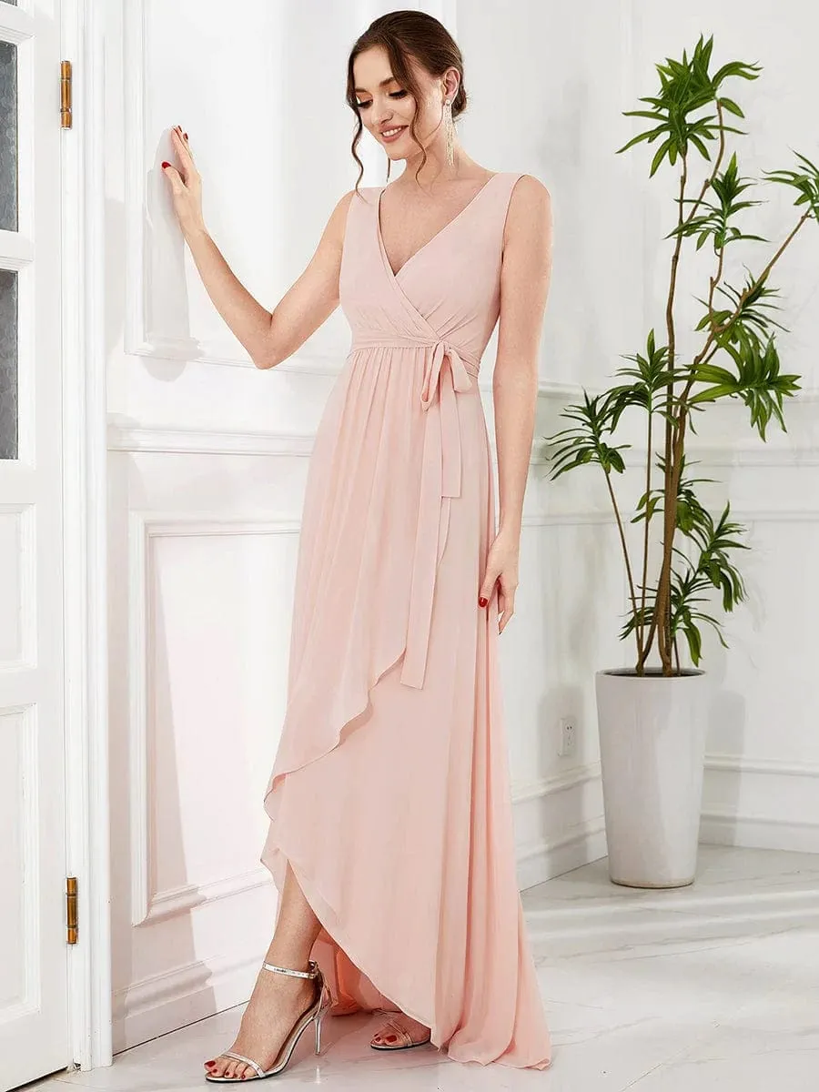 Sleeveless V-Neck Chiffon A-Line Layered Front Slit Evening Dress(Final Sale)
