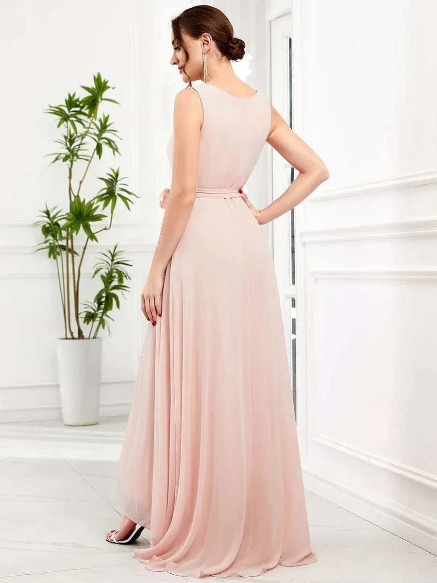 Sleeveless V-Neck Chiffon A-Line Layered Front Slit Evening Dress(Final Sale)