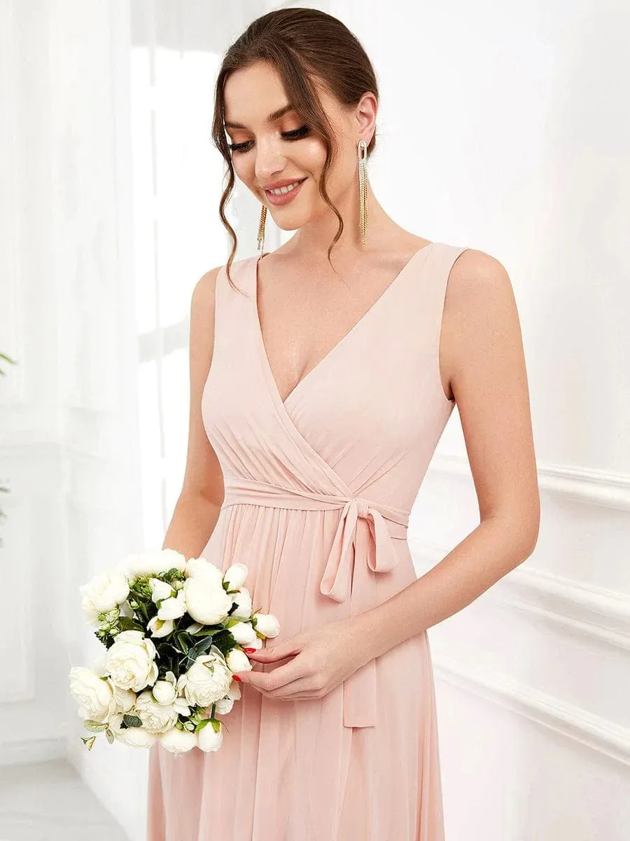 Sleeveless V-Neck Chiffon A-Line Layered Front Slit Evening Dress(Final Sale)