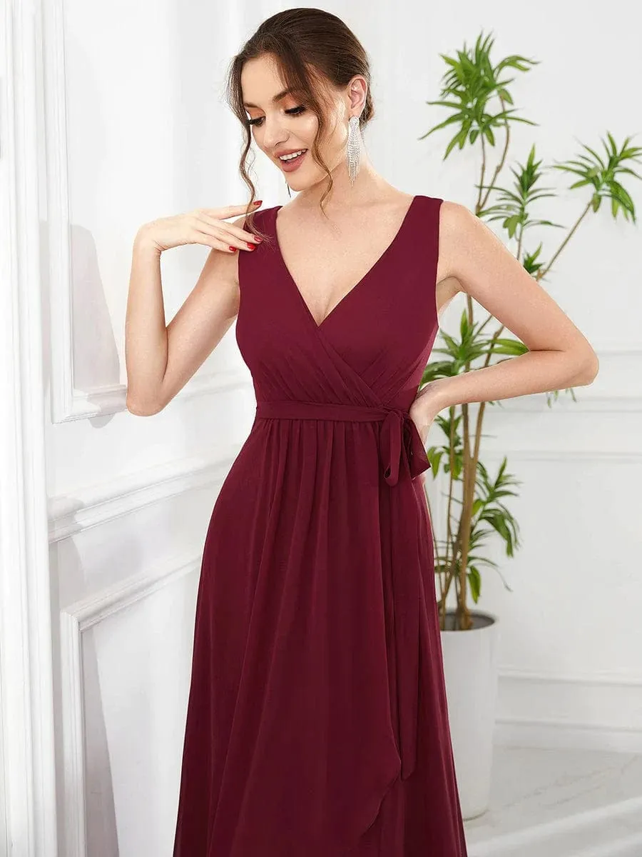 Sleeveless V-Neck Chiffon A-Line Layered Front Slit Evening Dress(Final Sale)