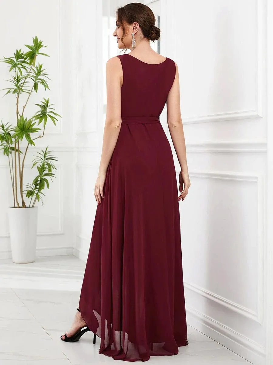 Sleeveless V-Neck Chiffon A-Line Layered Front Slit Evening Dress(Final Sale)