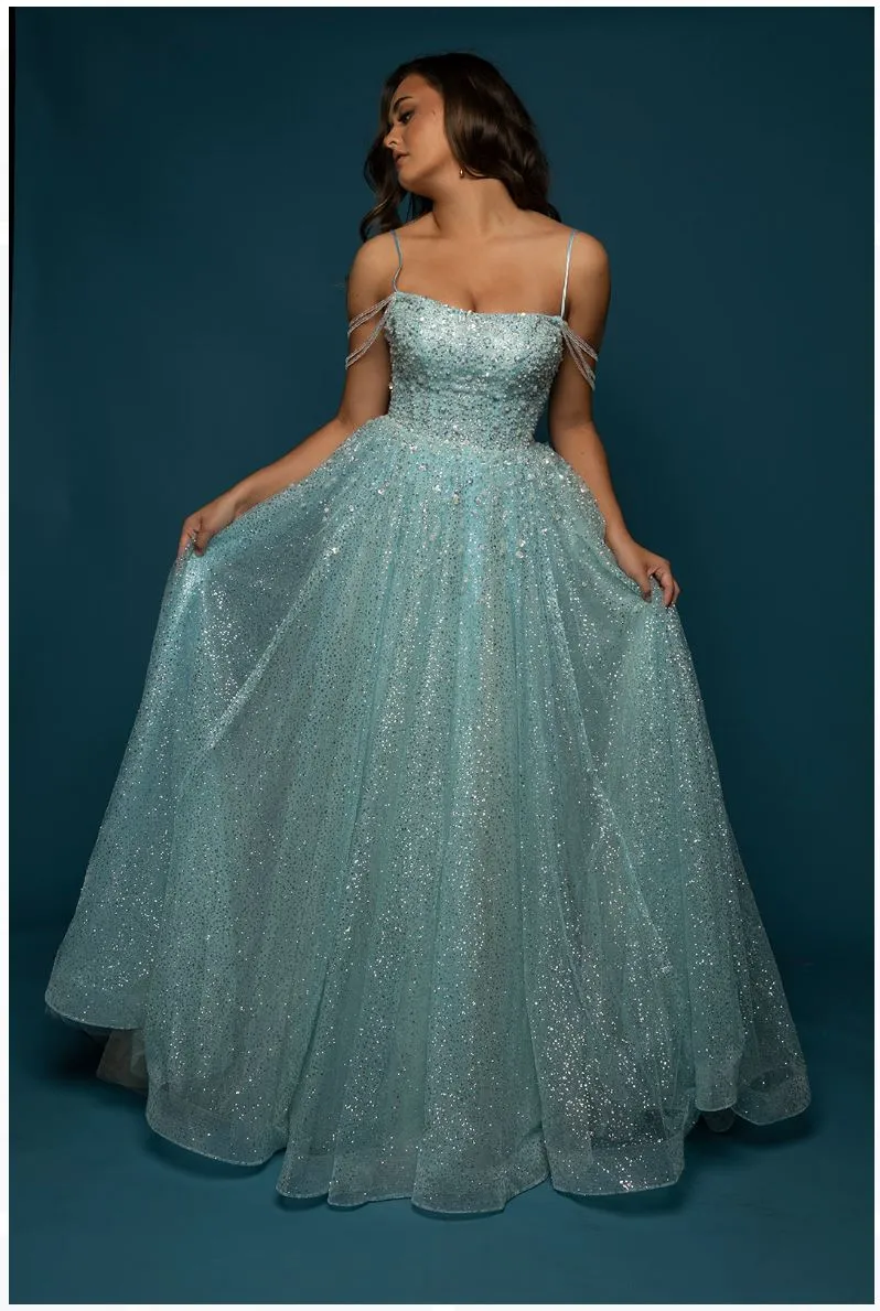 Sparkling baby blue princess dress with crescent moon neckline and crystal off the shoulders