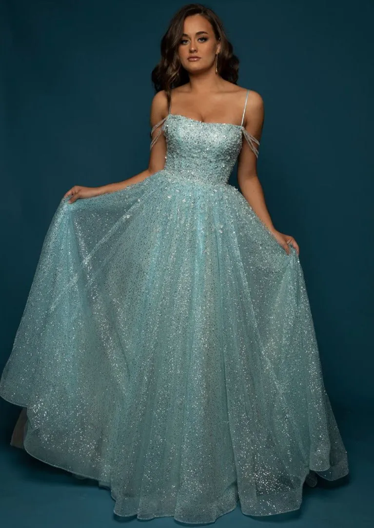 Sparkling baby blue princess dress with crescent moon neckline and crystal off the shoulders