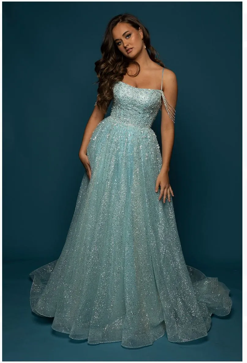 Sparkling baby blue princess dress with crescent moon neckline and crystal off the shoulders