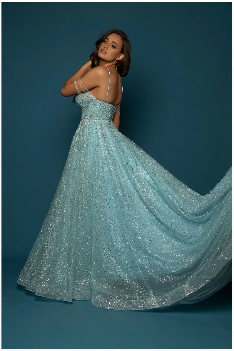 Sparkling baby blue princess dress with crescent moon neckline and crystal off the shoulders