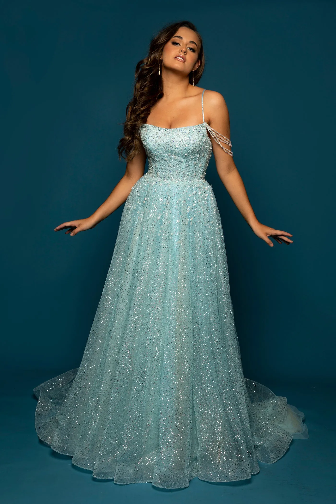 Sparkling baby blue princess dress with crescent moon neckline and crystal off the shoulders