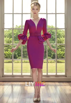 V-Neck Long Sleeves Sheath Satin Mother of Bride Dress Cocktail Dress