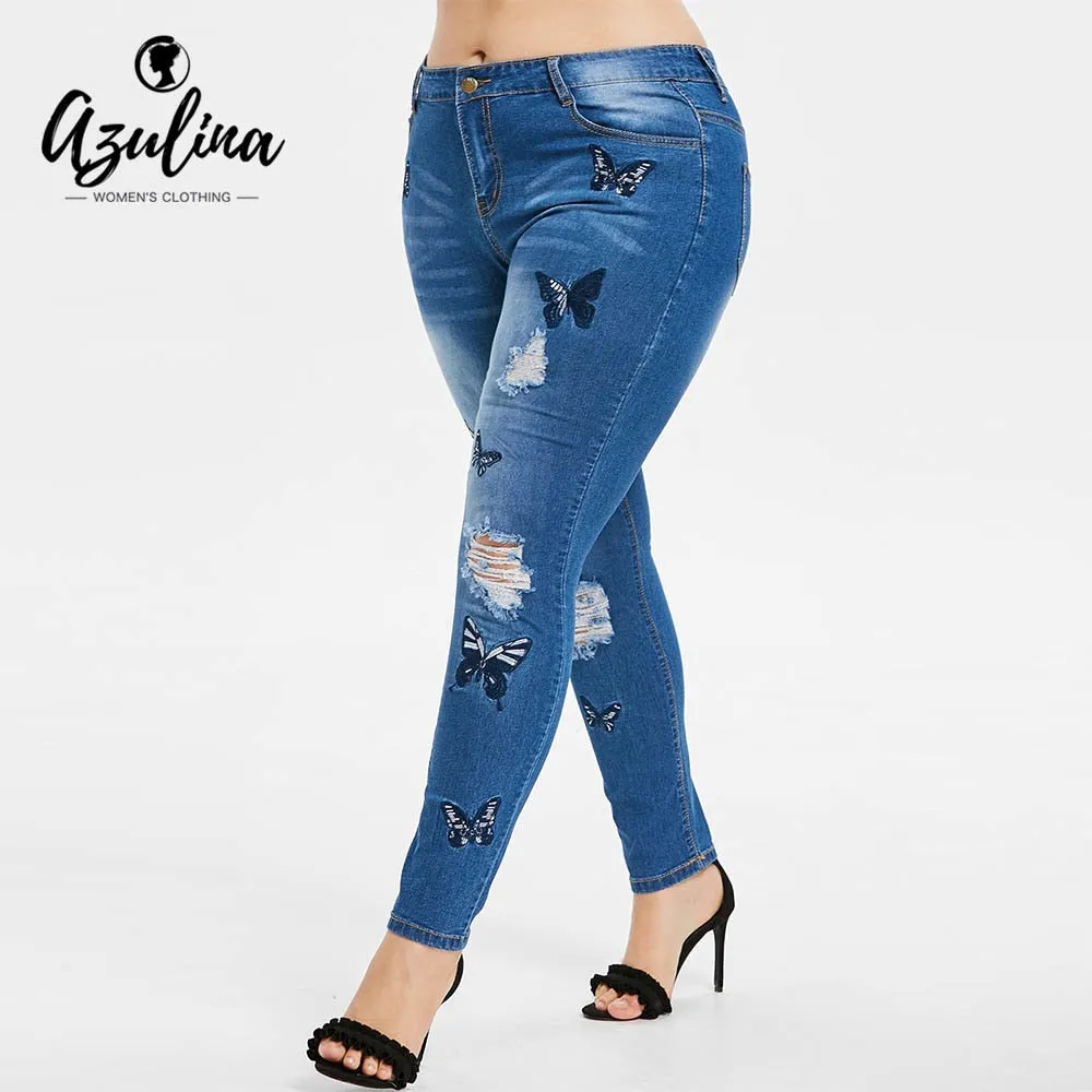 VenusFox Plus Size Butterfly Embroidered Skinny High Waist Jeans
