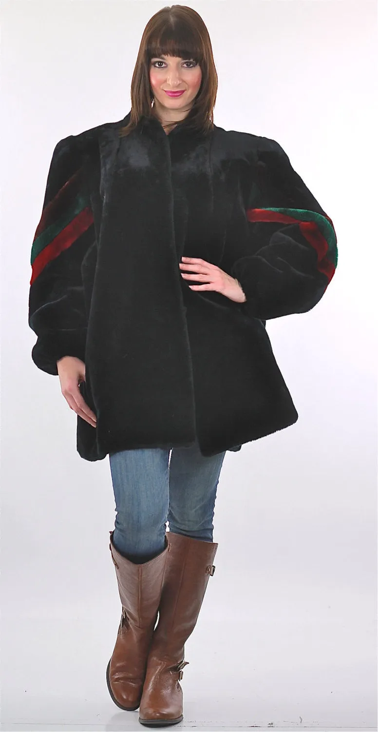 Vintage 70s Faux Fur Party Striped Chubby disco Retro black Mod Plush L