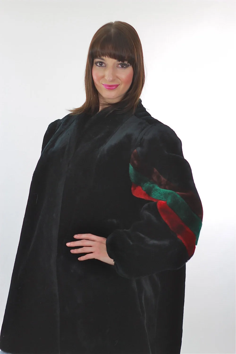 Vintage 70s Faux Fur Party Striped Chubby disco Retro black Mod Plush L