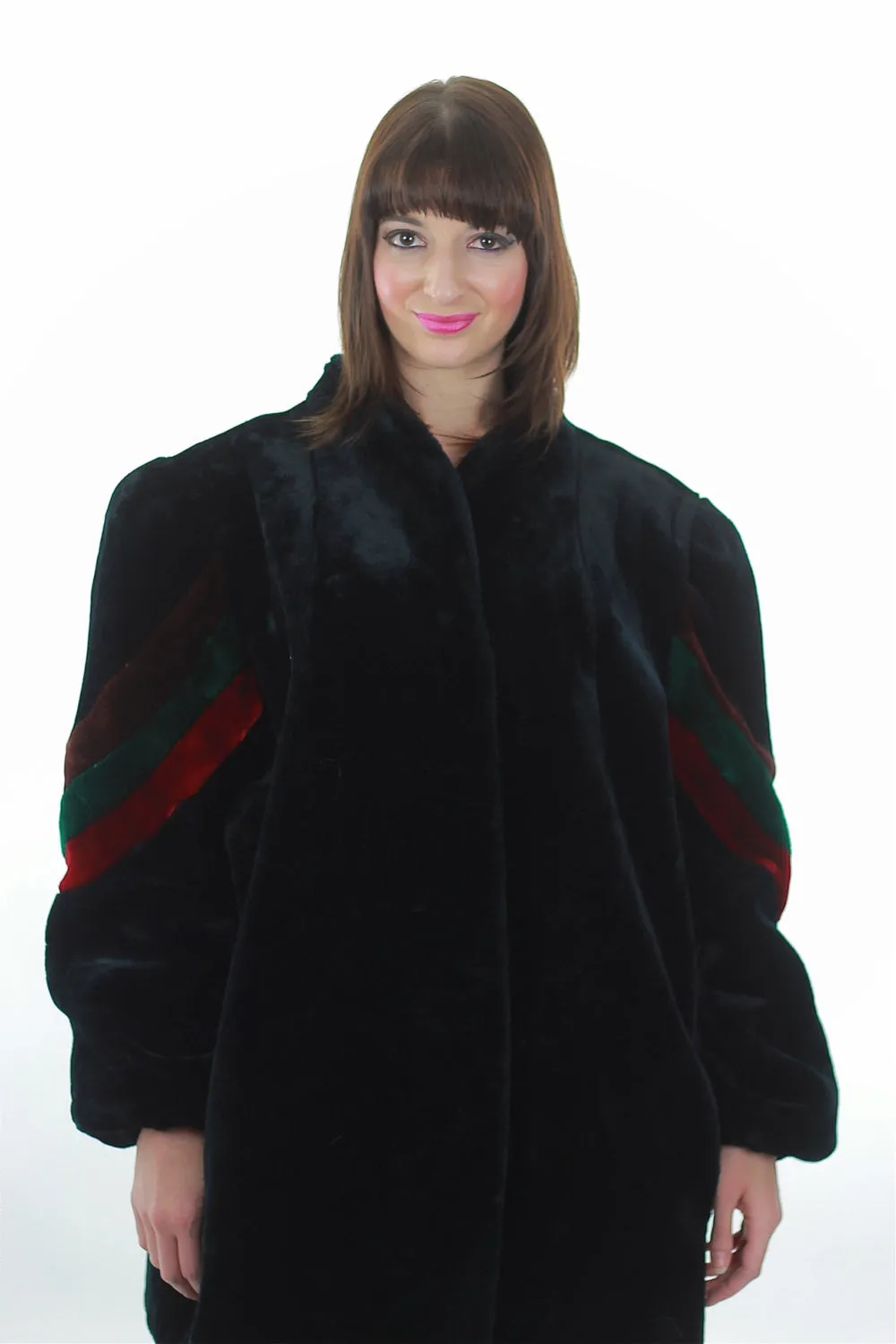 Vintage 70s Faux Fur Party Striped Chubby disco Retro black Mod Plush L