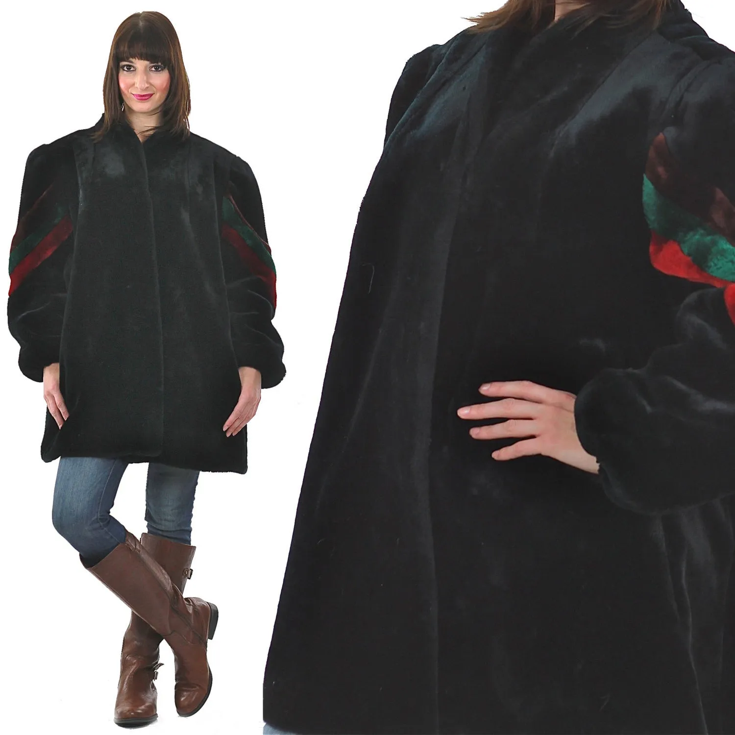 Vintage 70s Faux Fur Party Striped Chubby disco Retro black Mod Plush L