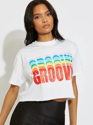 White Oversized Groovy Graphic Crop Top