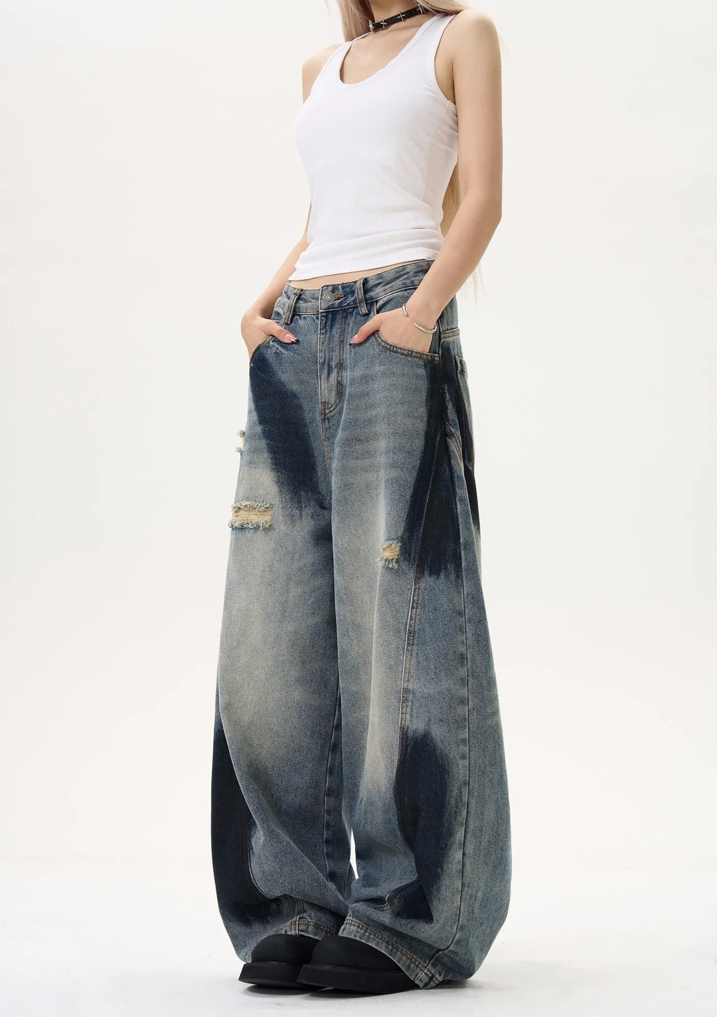 Wide Leg Distressed Denim Pants with Bleach Wash Details