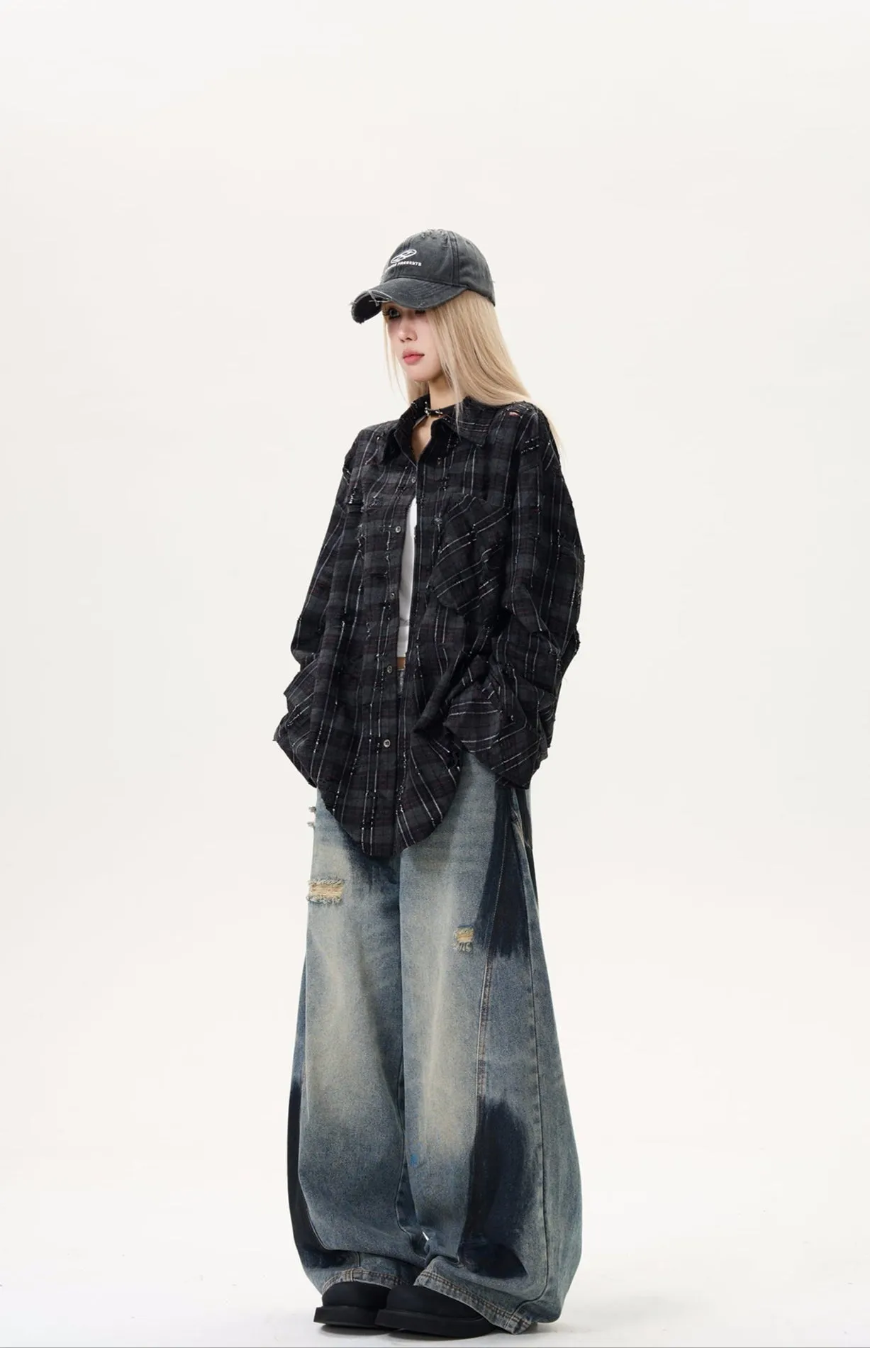 Wide Leg Distressed Denim Pants with Bleach Wash Details