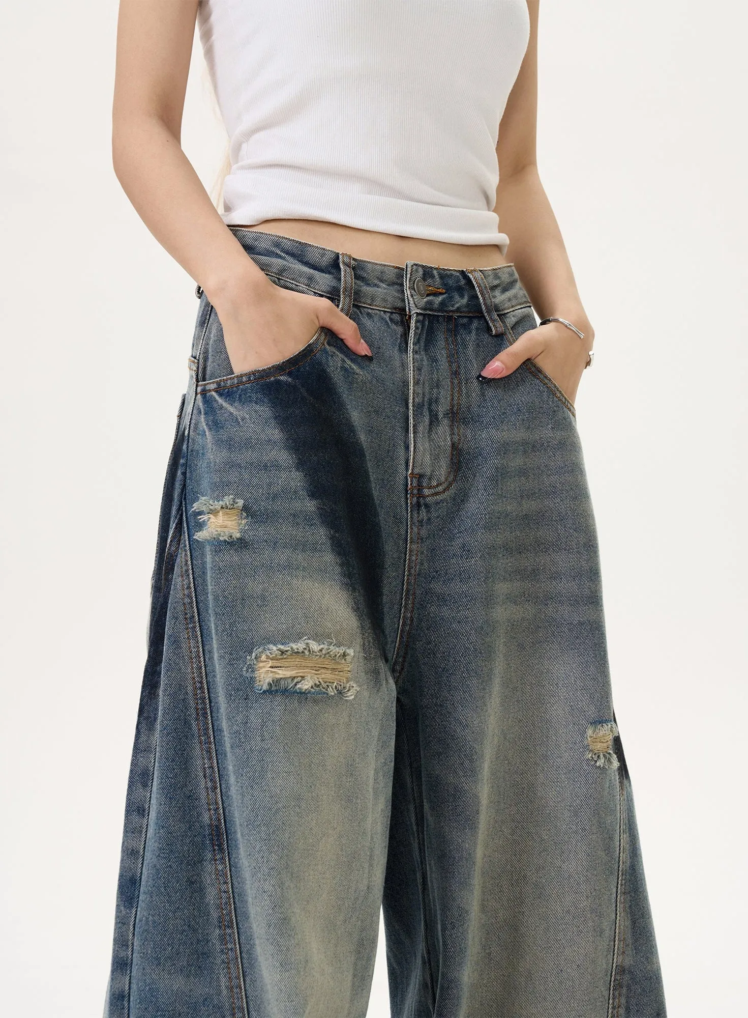 Wide Leg Distressed Denim Pants with Bleach Wash Details