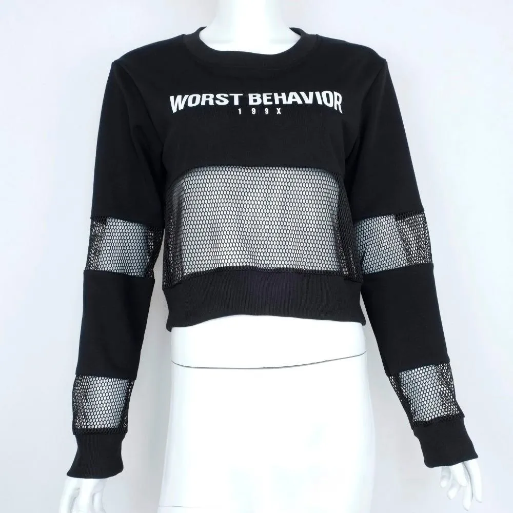 Women Summer Letter Print Long Sleeve Sexy Mesh Fishnet Crop Top