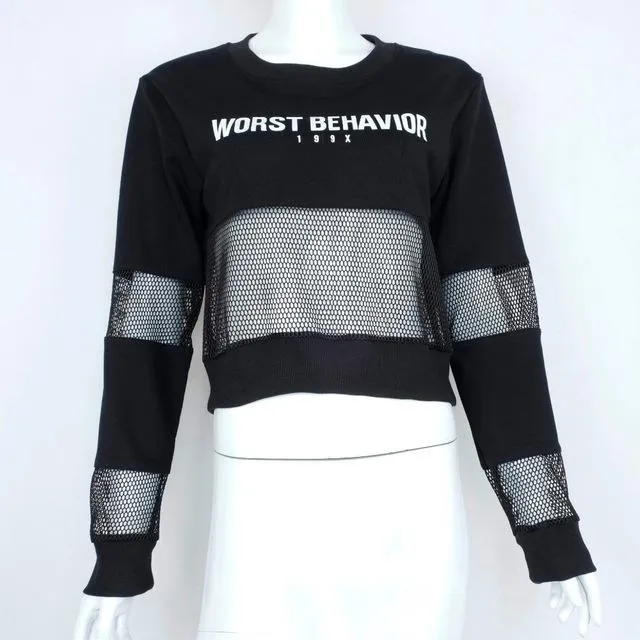 Women Summer Letter Print Long Sleeve Sexy Mesh Fishnet Crop Top