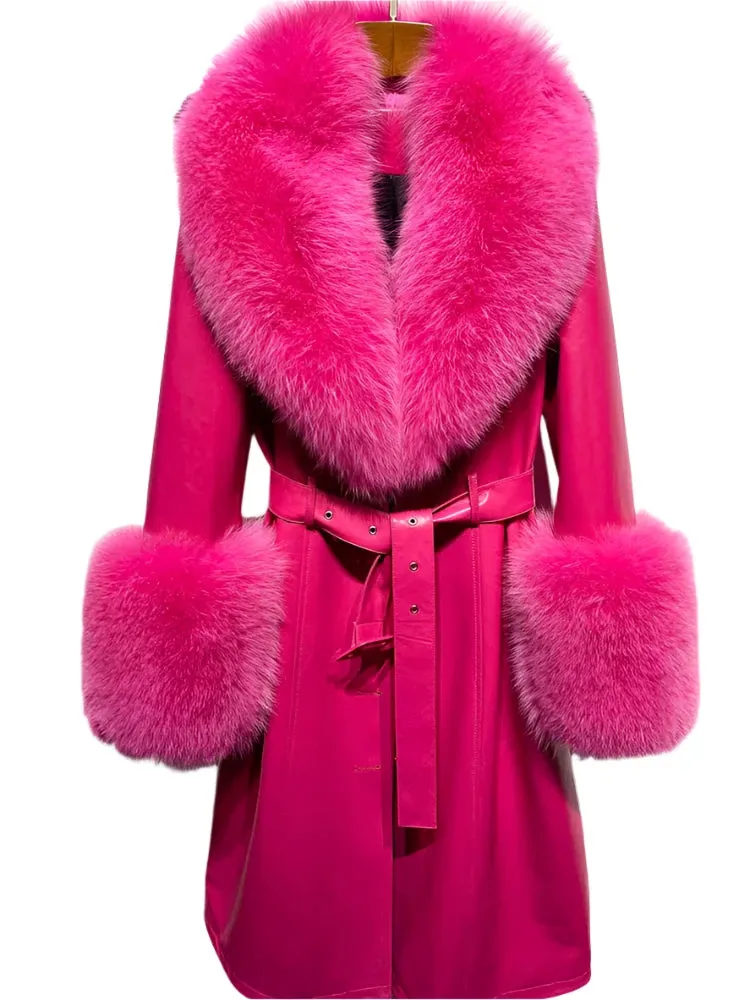 Women's Genuine Leather Coat - Long Coat with Fluffy Fur Collar & Cuffs