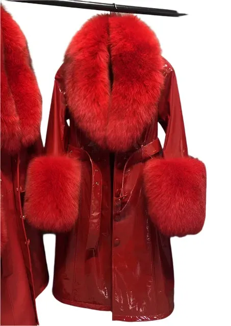 Women's Genuine Leather Coat - Long Coat with Fluffy Fur Collar & Cuffs