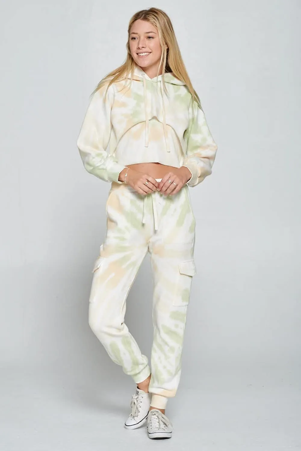 Womens- Tie Dye Long Sleeve Workout Crop Top Sweatshirt French Terry Jogger Hoodie