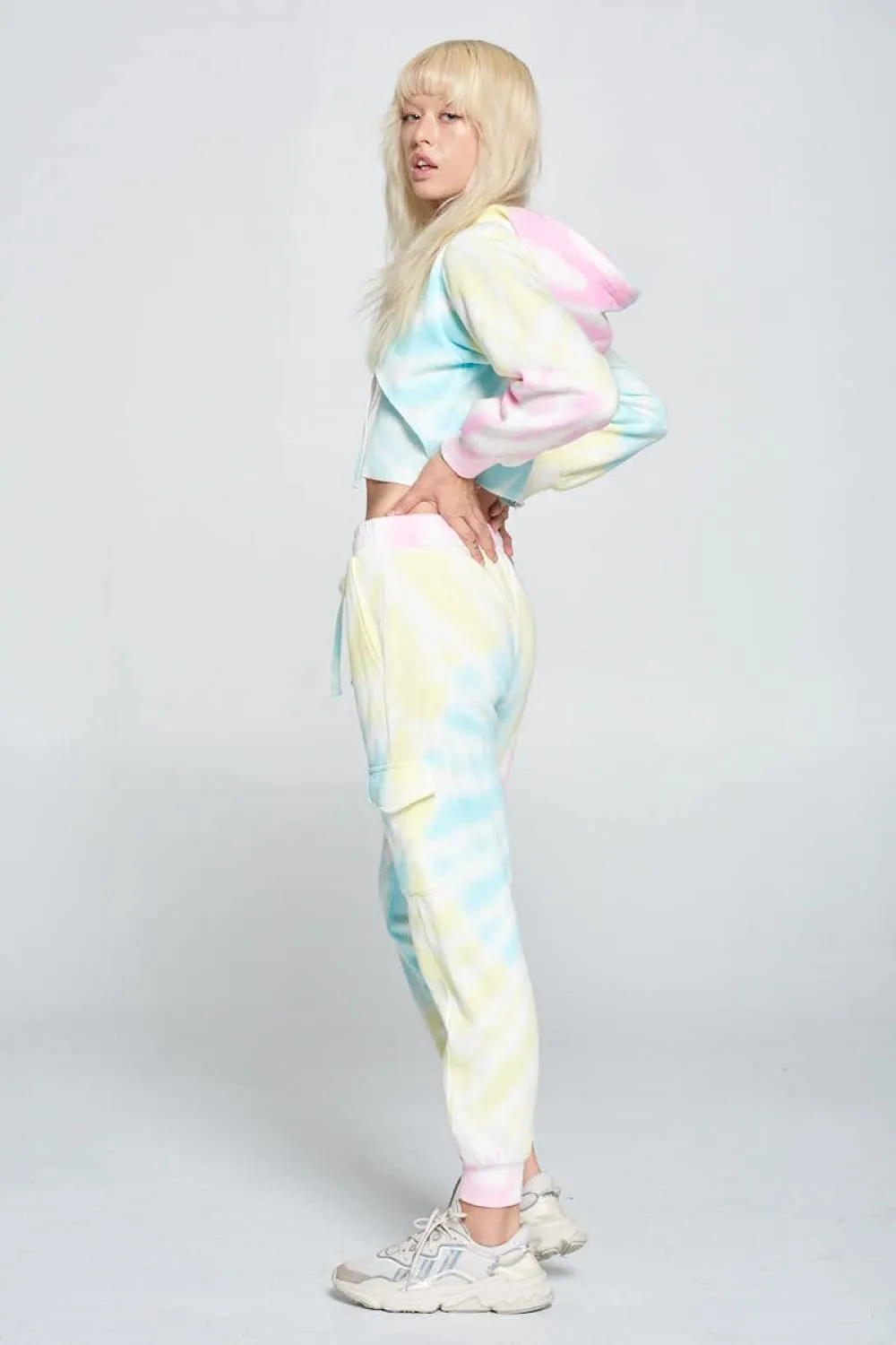Womens- Tie Dye Long Sleeve Workout Crop Top Sweatshirt French Terry Jogger Hoodie