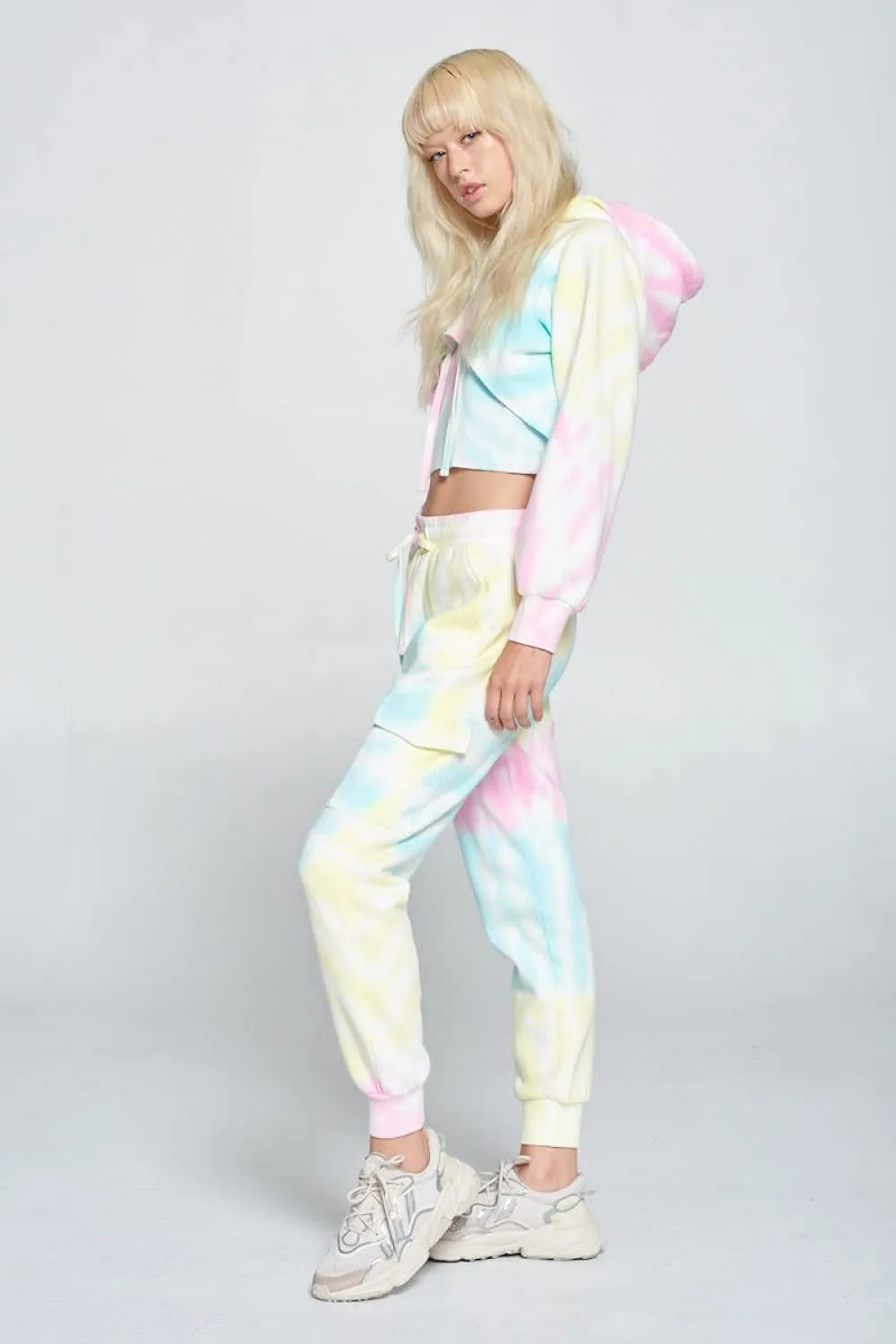 Womens- Tie Dye Long Sleeve Workout Crop Top Sweatshirt French Terry Jogger Hoodie
