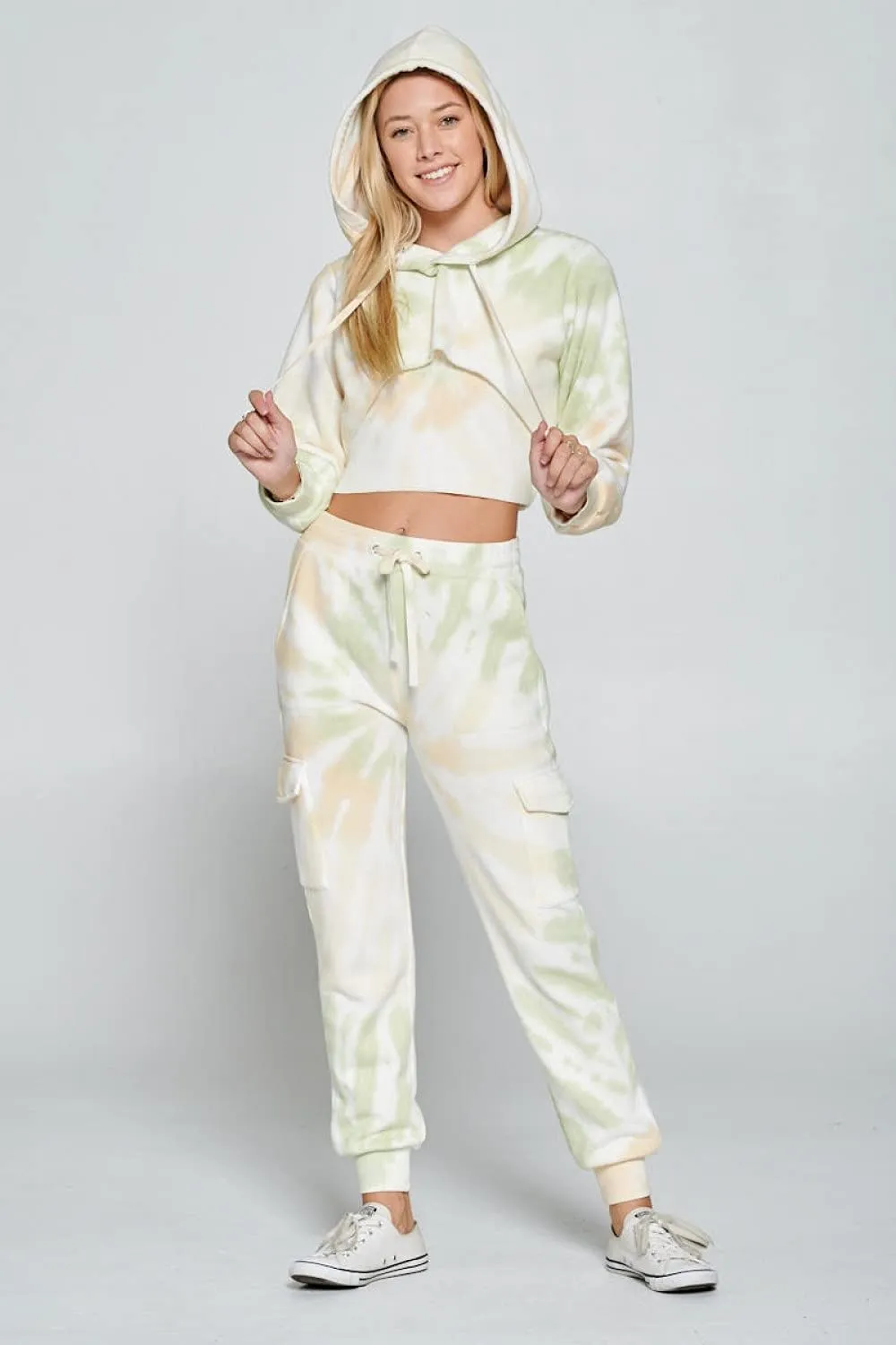Womens- Tie Dye Long Sleeve Workout Crop Top Sweatshirt French Terry Jogger Hoodie