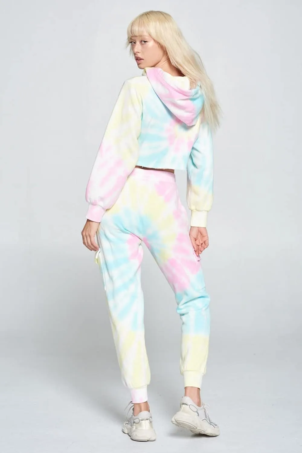 Womens- Tie Dye Long Sleeve Workout Crop Top Sweatshirt French Terry Jogger Hoodie