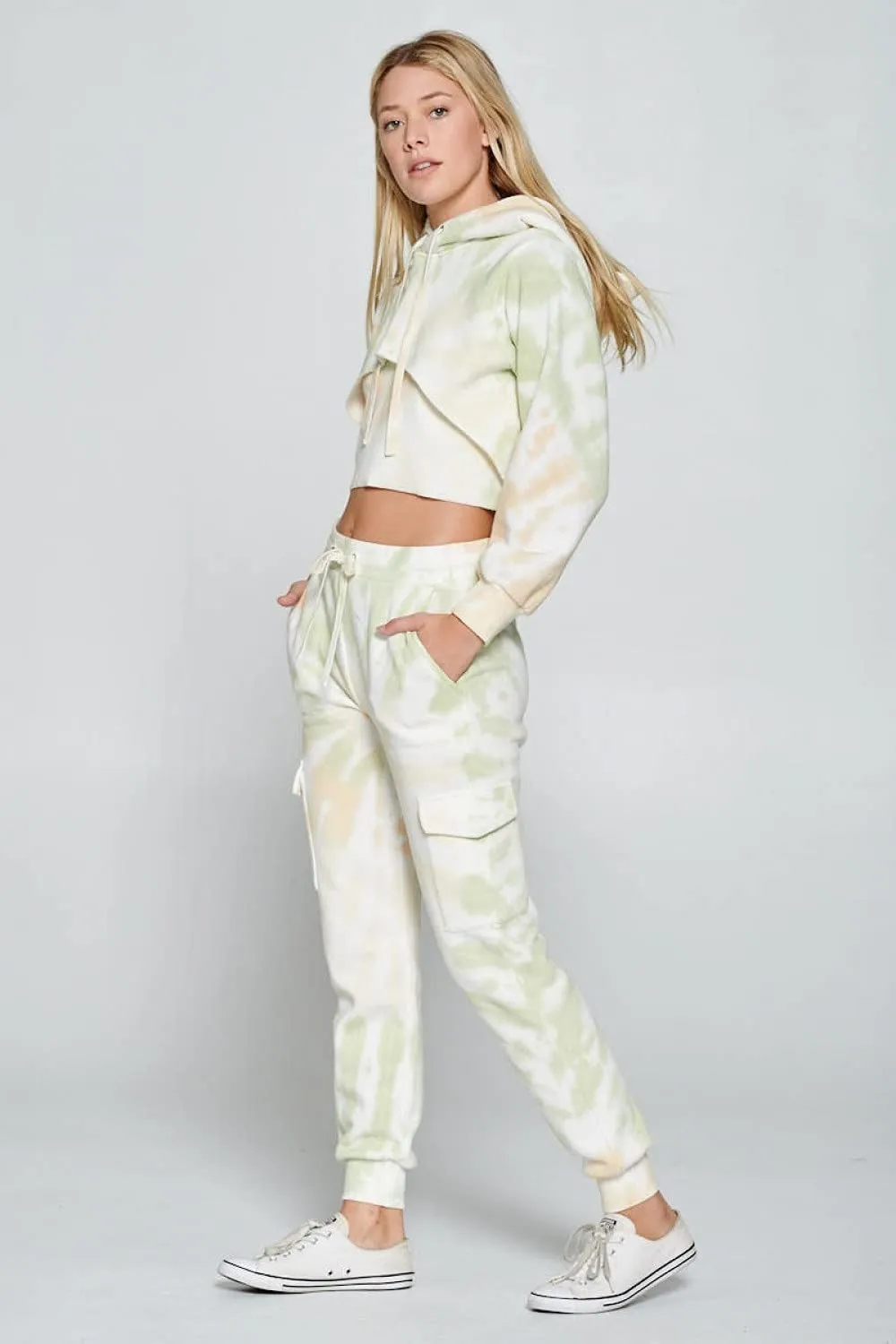 Womens- Tie Dye Long Sleeve Workout Crop Top Sweatshirt French Terry Jogger Hoodie